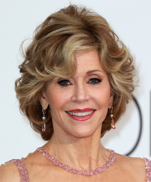 Jane Fonda Short Straight   Light Caramel Brunette   Hairstyle with Side Swept Bangs  and Light Blonde Highlights