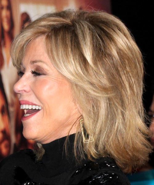Jane Fonda Medium Straight    Champagne Blonde   Hairstyle   with Light Blonde Highlights - side view