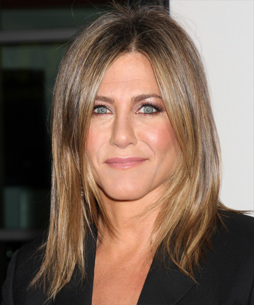 Jennifer Aniston Medium Straight    Caramel Brunette   Hairstyle   with Dark Blonde Highlights