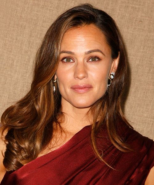 Jennifer Garner Long Wavy   Dark Brunette   Hairstyle with Side Swept Bangs  and Light Brunette Highlights