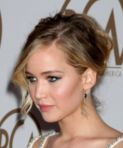 Jennifer Lawrence Medium Wavy   Light Caramel Brunette  Updo Hairstyle   with Light Blonde Highlights - side view