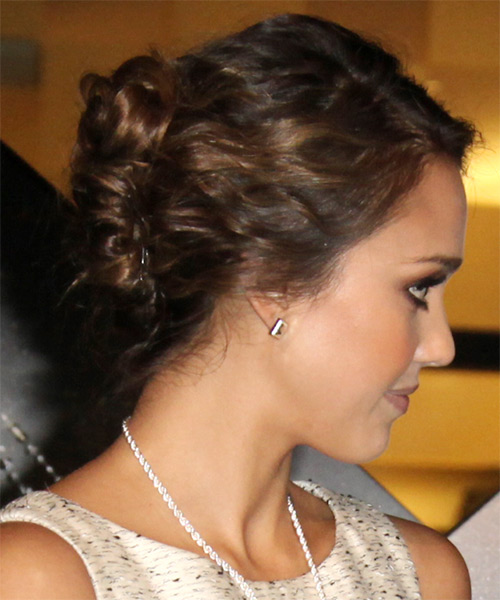 Jessica Alba  Long Curly   Dark Brunette  Updo Hairstyle - side on view