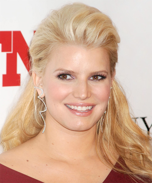 Jessica Simpson  Long Straight    Golden Blonde  Half Up Half Down Hairstyle   with Light Blonde Highlights - side on view