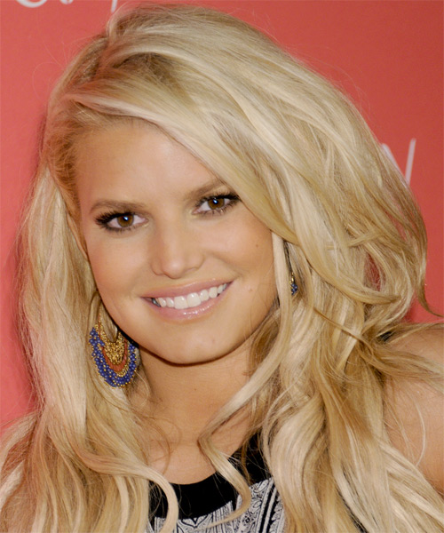 Jessica Simpson Long Straight   Light Golden Blonde   Hairstyle   with Light Blonde Highlights - side on view