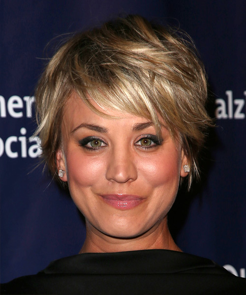 Kaley Cuoco Short Straight   Dark Blonde   Hairstyle with Side Swept Bangs  and Light Blonde Highlights