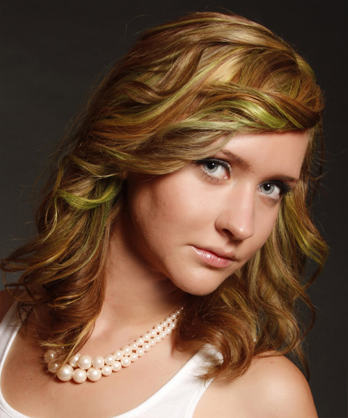 Medium Wavy   Dark Blonde  Hairstyle with Side Swept Bangs  and Green Highlights - side view