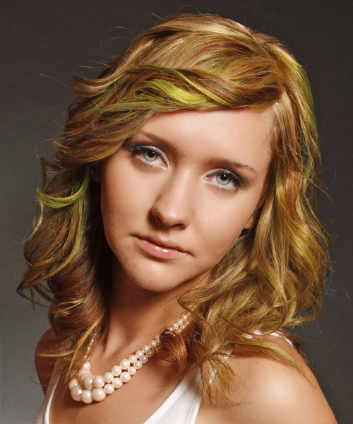 Medium Wavy   Dark Blonde  Hairstyle with Side Swept Bangs  and Green Highlights