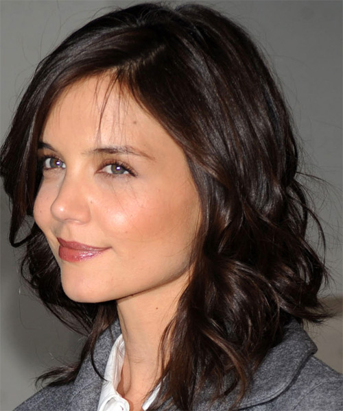 Katie Holmes Long Wavy   Dark Brunette   Hairstyle with Side Swept Bangs - side on view