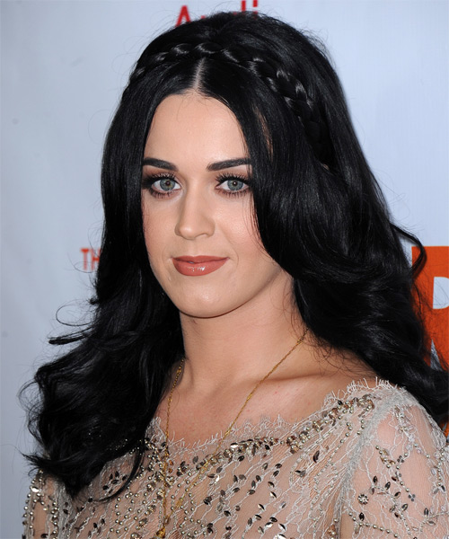 Kerry Perry Long Straight   Black  Braided  Hairstyle - side on view