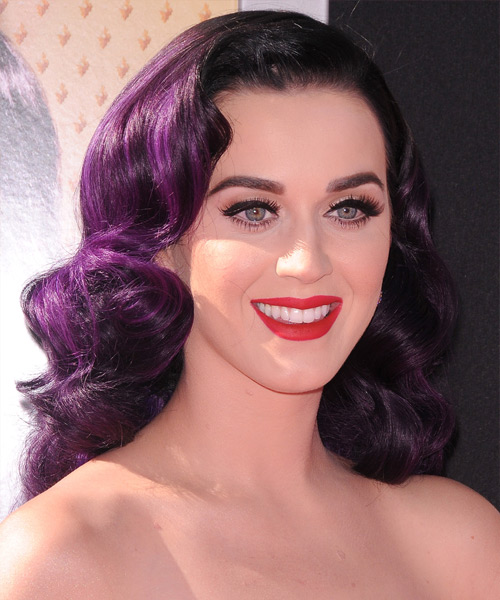 Katy Perry Long Wavy   Purple    Hairstyle - side view