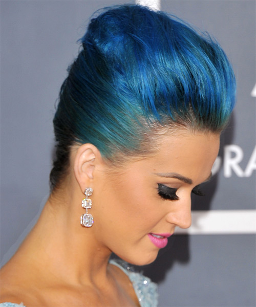 Katy Perry  Medium Straight   Blue Bright  Emo Updo Hairstyle - side on view
