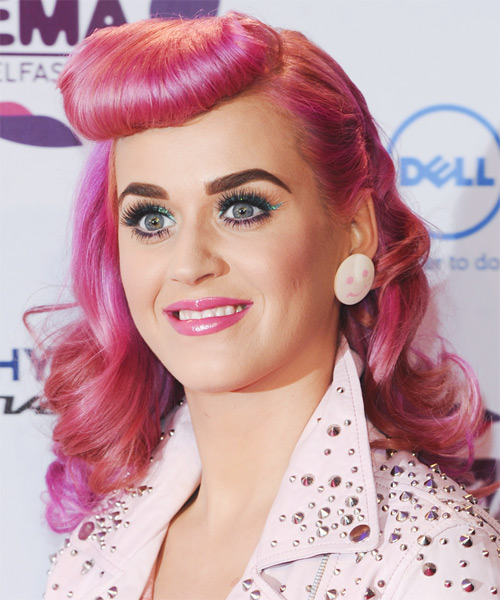 Katy Perry Long Wavy   Pink Bright    Hairstyle - side on view