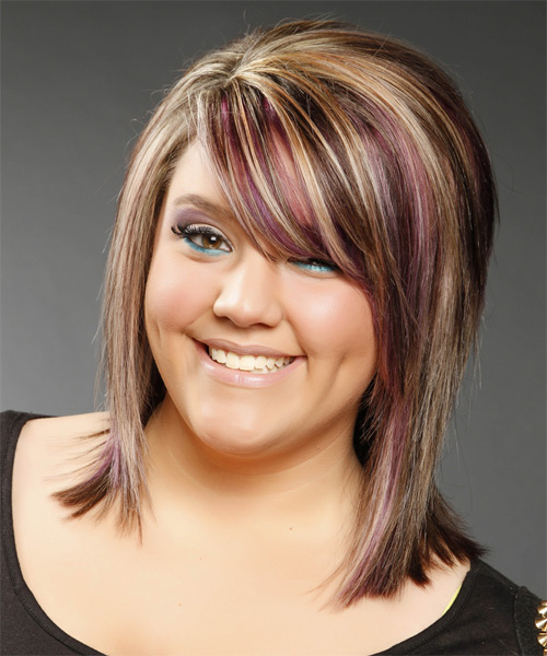 Straight Multi-Colored Mid-Length Hairstyle with Side Swept Bangs - side on view
