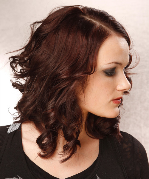 Medium Curly   Dark Burgundy Red  Hairstyle - side view