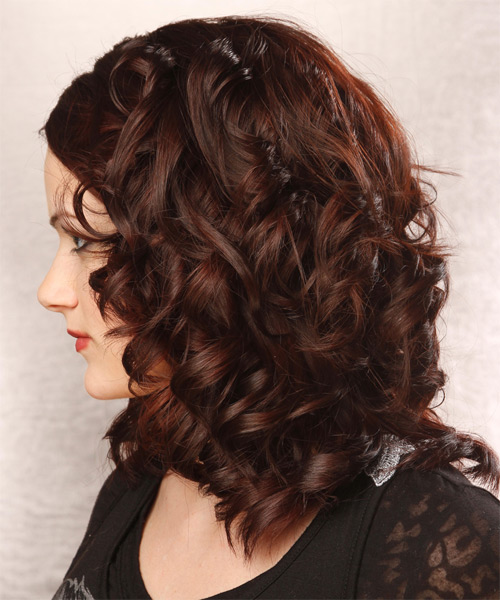 Medium Curly   Dark Burgundy Red  Hairstyle - side on view