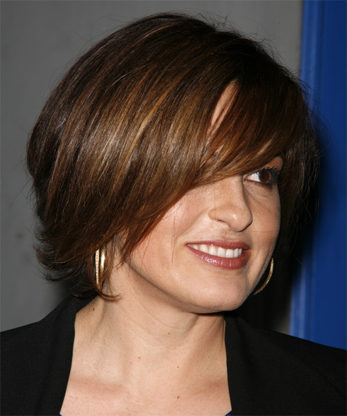 Mariska Hargitay Medium Straight    Brunette Bob  Haircut with Side Swept Bangs - side view