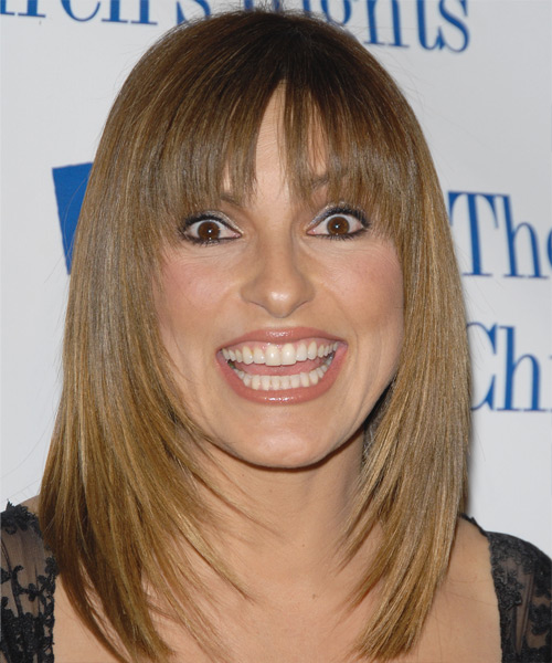 Mariska Hargitay Medium Straight   Light Caramel Brunette   Hairstyle with Blunt Cut Bangs
