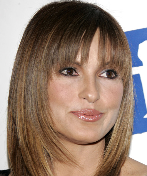 Mariska Hargitay Medium Straight   Light Caramel Brunette   Hairstyle with Blunt Cut Bangs - side view