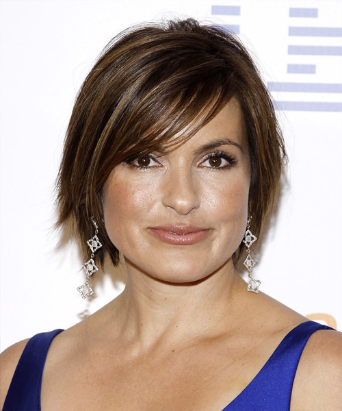 Mariska Hargitay Short Straight   Dark Brunette   Hairstyle with Side Swept Bangs
