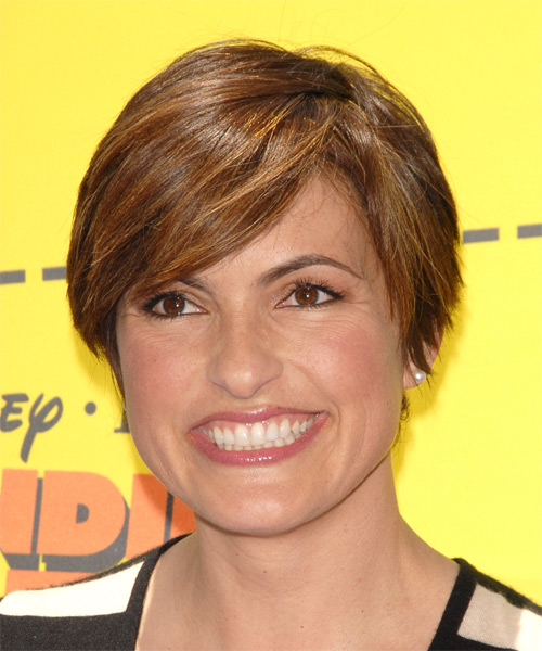 Mariska Hargitay Short Straight    Auburn Brunette   Hairstyle with Side Swept Bangs