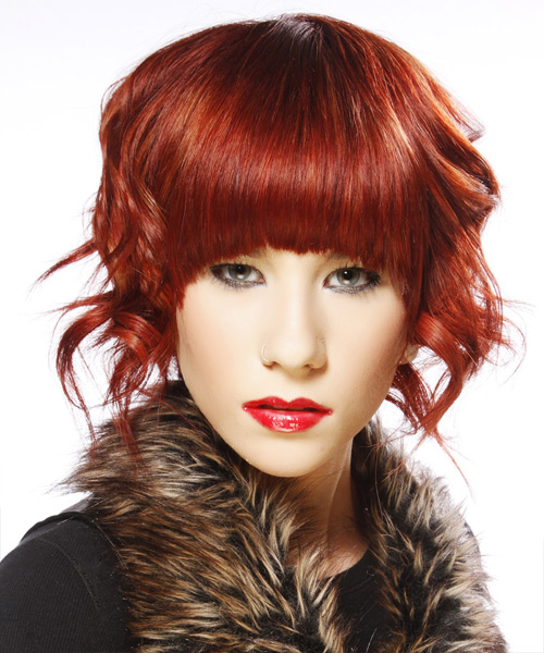 Medium Wavy   Dark Bright Red  Hairstyle with Blunt Cut Bangs