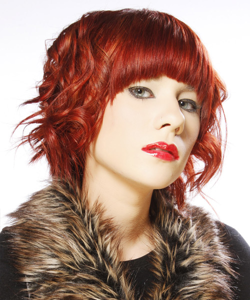 Medium Wavy   Dark Bright Red  Hairstyle with Blunt Cut Bangs - side view