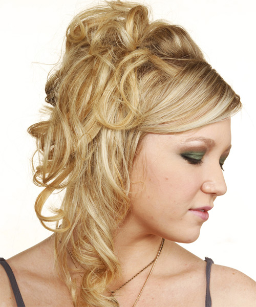 Long Curly   Light Golden Blonde Half Up Half Down Hairstyle - side on view