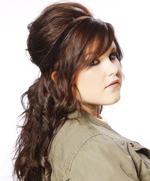 Long Curly    Mahogany Brunette Half Up Half Down Hairstyle with Side Swept Bangs - side view