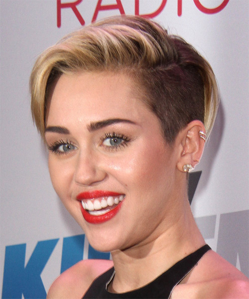 Miley Cyrus Short Undercut Hairstyle With Side Part - side on view