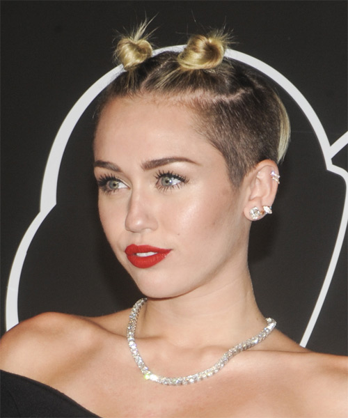 Miley Cyrus Short Hairstyle With Double Top Knots - side on view