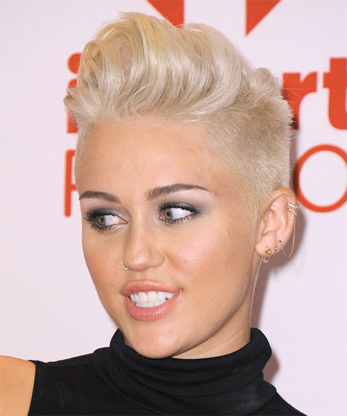 Miley Cyrus Short Light Platinum Blonde Hairstyle - side on view