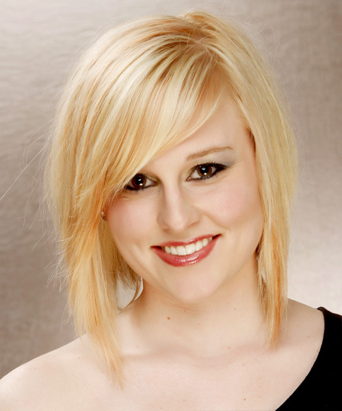 Medium Straight   Light Honey Blonde  Hairstyle with Side Swept Bangs  and Light Blonde Highlights