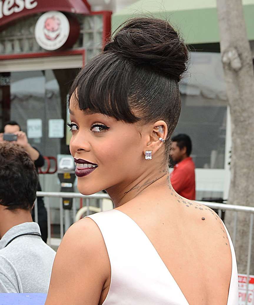 Rihanna Straight Dark Mocha Brunette Updo With Blunt Cut Bangs - side view