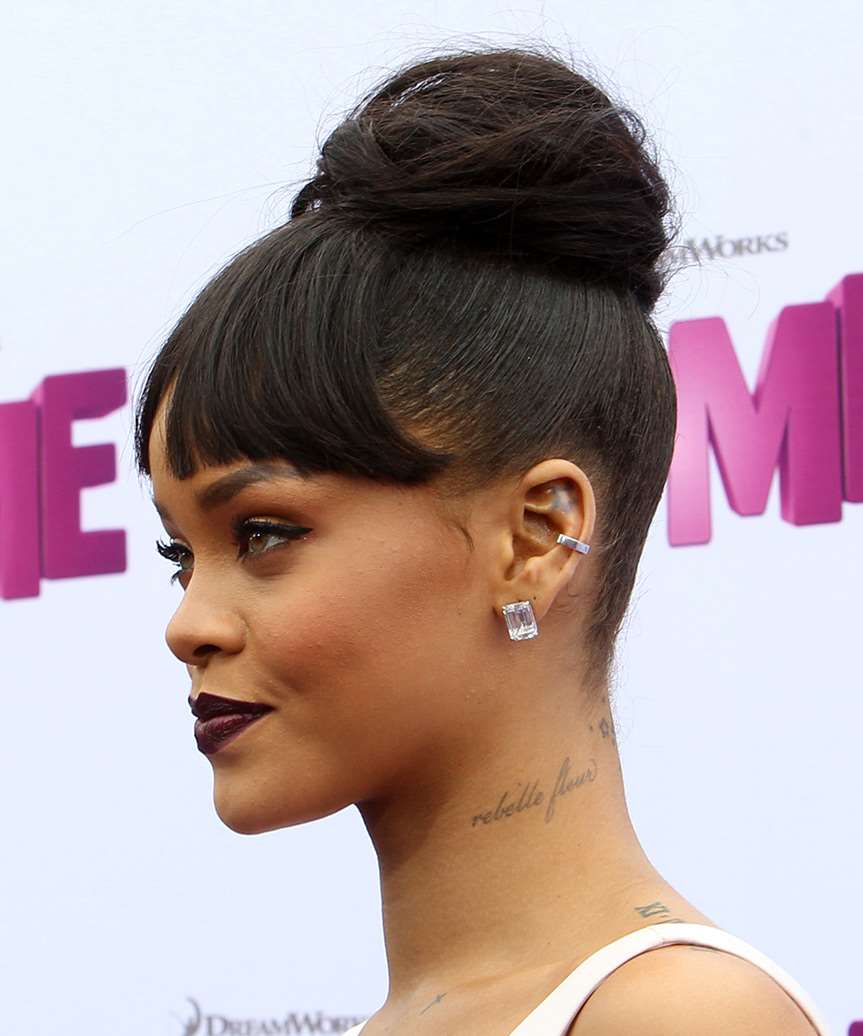 Rihanna Straight Dark Mocha Brunette Updo With Blunt Cut Bangs - side on view