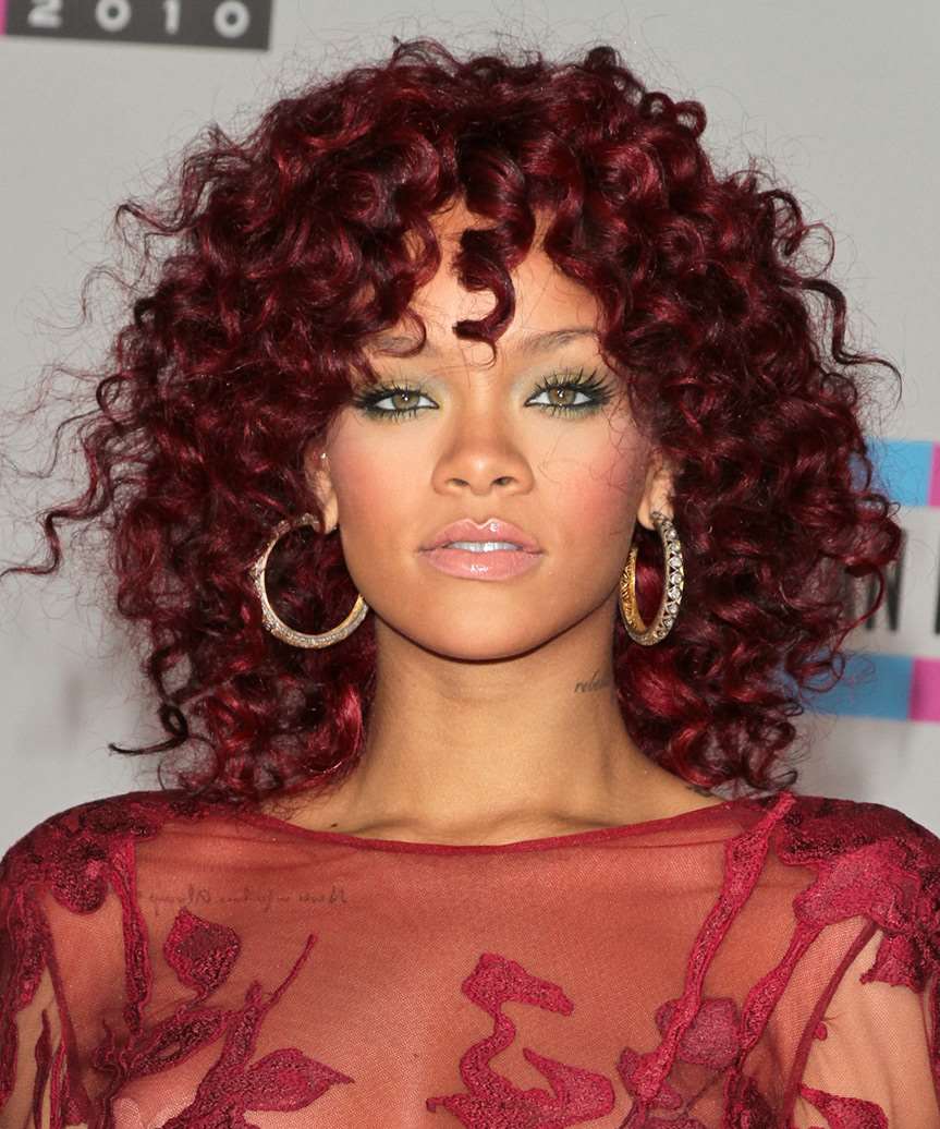 Rihanna Red Mid-Length Corkscrew Curls