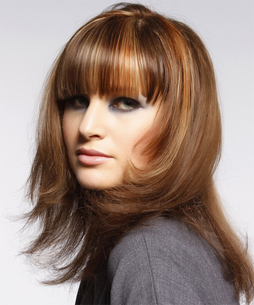 Medium Straight    Copper Brunette  Hairstyle with Blunt Cut Bangs  and Light Blonde Highlights - side on view