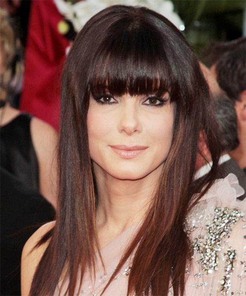 Sandra Bullock Long Straight    Burgundy Brunette   Hairstyle with Blunt Cut Bangs