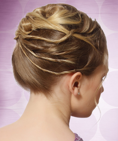 Long Curly   Light Caramel Brunette Updo Hairstyle   with  Blonde Highlights - side view