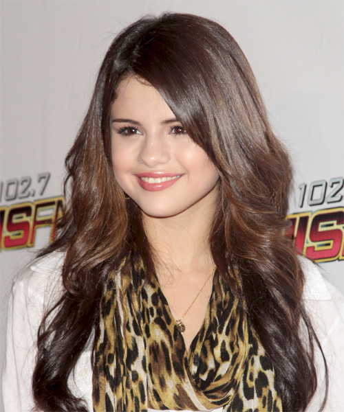 Selena Gomez Long Chocolate Brown Hairstyle With Waves - side view
