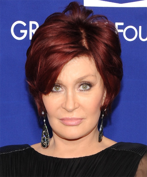 Sharon Osbourne Short Straight    Burgundy Red   Hairstyle with Side Swept Bangs