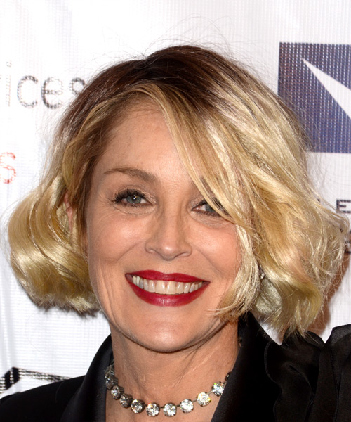 Sharon Stone Medium Wavy   Light Blonde Bob  Haircut with Side Swept Bangs
