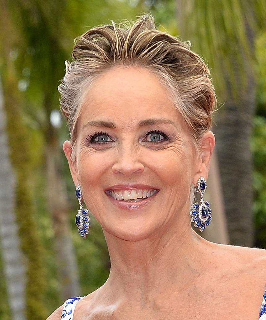 Sharon Stone   Layered  Light Brunette Pixie  Haircut   with Light Blonde Highlights