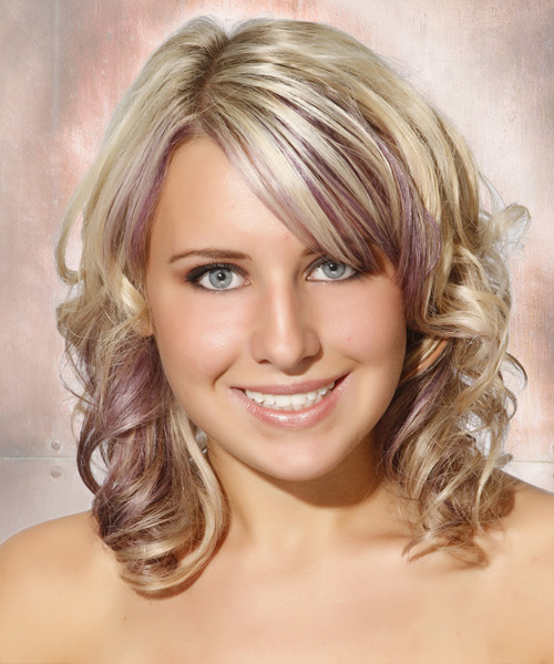 Medium Curly   Light Ash Blonde  Hairstyle with Side Swept Bangs  and Purple Highlights