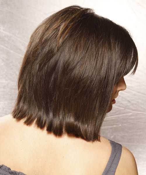 Medium Straight Layered  Dark Brunette Bob  Haircut with Side Swept Bangs - side view