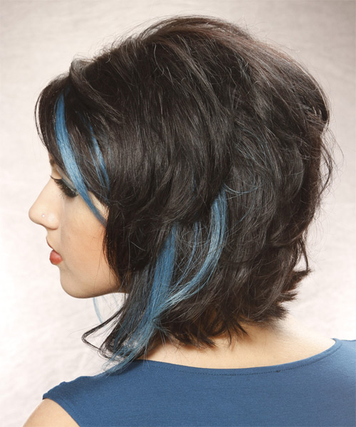 Medium Wavy   Blue  and Dark Brunette Two-Tone  Hairstyle   with Blue Highlights - side on view