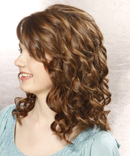 Medium Curly    Chestnut Brunette  Hairstyle with Side Swept Bangs - side on view