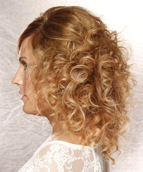 Half Up Half Down Shoulder-Length Curls With Side Swept Bangs - side on view