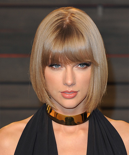 Taylor Swift Medium Straight   Dark Blonde Bob  Haircut with Blunt Cut Bangs