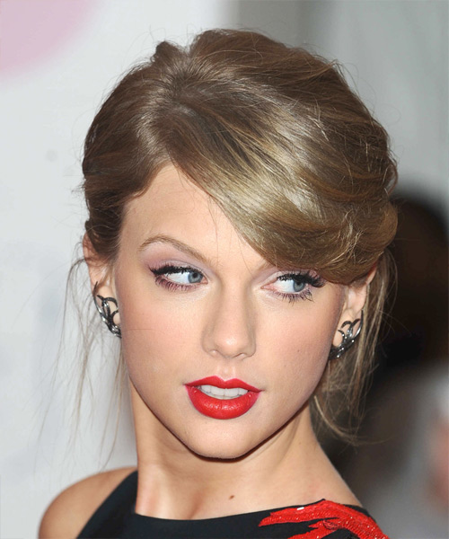Taylor Swift Medium Straight   Dark Ash Blonde  Updo Hairstyle with Side Swept Bangs