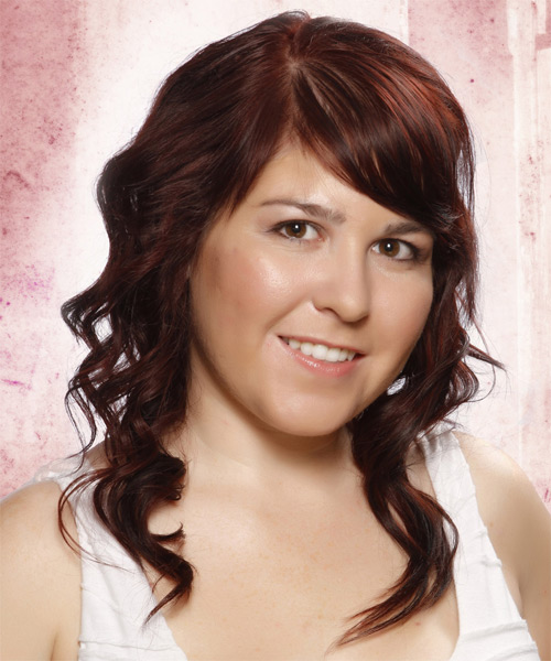 Medium Wavy   Dark Auburn Red  Hairstyle with Side Swept Bangs  and Light Blonde Highlights - side on view
